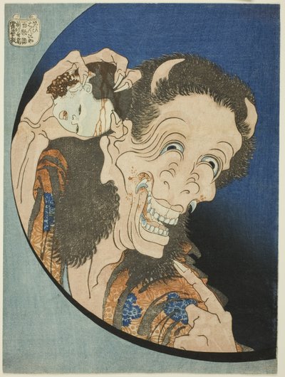 De lachende demoness (Warai Hannya), uit de serie "Honderd spookverhalen (Hyaku monogatari)" door Katsushika Hokusai