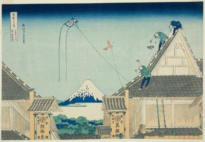 De Mitsui-winkel in Surugacho in Edo (Koto Surugacho Mitsui mise ryakuzu), uit de serie "Zesendertig gezichten op de berg Fuji (Fugaku sanjurokkei)" door Katsushika Hokusai