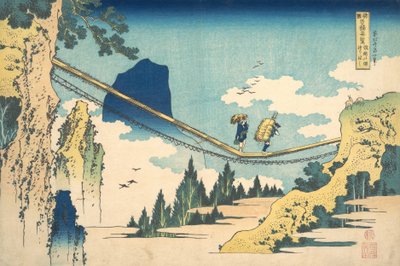 De hangbrug op de grens van de provincies Hida en Etchu, ca. 1830 door Katsushika Hokusai