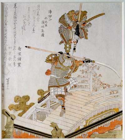 De legendarische strijd van Samurai Minamoto no Yoshitsune (1159-1189) tegen Saito Musashibo Benkei, boeddhistische monnik van de 12e eeuw op de brug van Gojo in Kyoto, Japanse print 