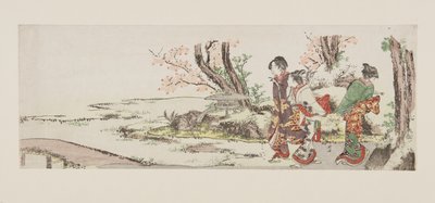 Drie vrouwen die kersenbloesem bekijken door Katsushika Hokusai