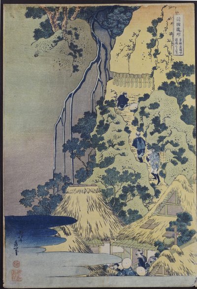 Reizigers die een steile heuvel beklimmen om eer te bewijzen aan een kannon heiligdom in een grot bij de waterval door Katsushika Hokusai