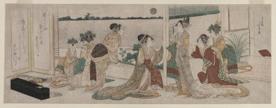 Tsukasa en Andere Courtisanes van de Ogiya die de Herfstmaan Bekijken boven Rijstvelden vanaf een Balkon in de Yoshiwara door Katsushika Hokusai