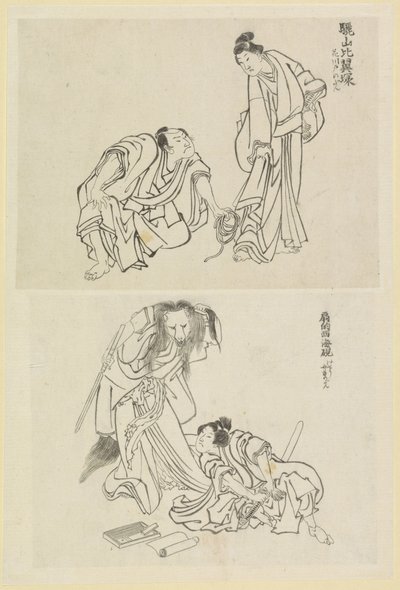 Twee toneelscènes, een met een man en een vrouw en een met een man en een vossenvrouw door Katsushika Hokusai