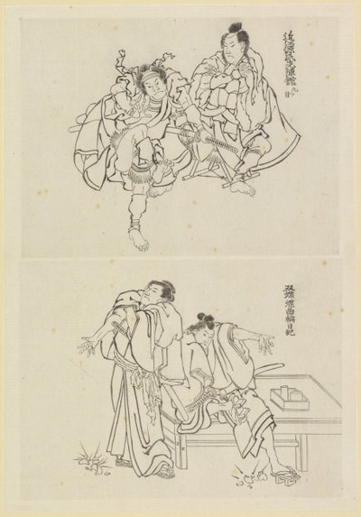Twee toneelscènes, een met twee samoerai en een met twee figuren bij een tafel door Katsushika Hokusai