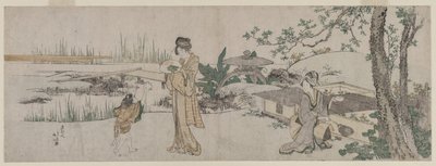 Twee vrouwen en een kind naast een goudvissenkom door Katsushika Hokusai