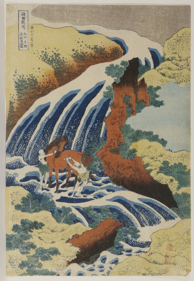 Twee mannen die een paard wassen in een waterval door Katsushika Hokusai