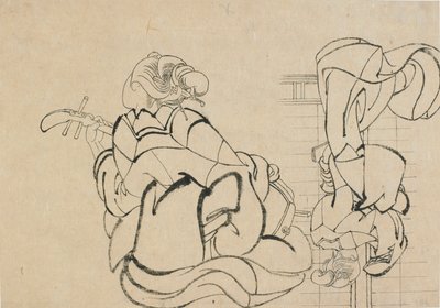 Twee schetsen: dame die samisen speelt en dame met rug naar waarnemer, laat 18e-begin 19e eeuw door Katsushika Hokusai