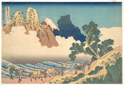 Uitzicht op de andere kant van de Fuji vanaf de Minobu-rivier (Minobugawa ura Fuji), uit de serie „Zesendertig uitzichten op de berg Fuji“ (Fugaku sanjūrokkei) door Katsushika Hokusai