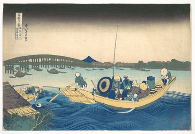 De zonsondergang boven de Ryōgoku-brug gezien vanaf de Onmaya-kade (Onmayagashi yori Ryōgokubashi sekiyō o miru), uit de serie Zesendertig gezichten op de berg Fuji (Fugaku sanjūrokkei) door Katsushika Hokusai