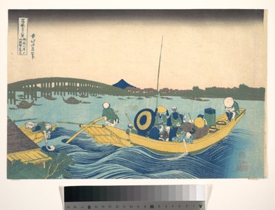 De zonsondergang boven de Ryōgoku-brug gezien vanaf de Onmaya-kade (Onmayagashi yori Ryōgokubashi sekiyō o miru), uit de serie „Zesendertig gezichten op de berg Fuji“ (Fugaku sanjūrokkei) door Katsushika Hokusai