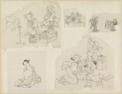 Vijf voorstellingen van mensen in verschillende situaties door Katsushika Hokusai