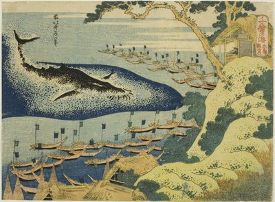 Walvisvangst voor de kust van de Goto-eilanden (Goto kujira tsuki), uit de serie "Duizend afbeeldingen van de oceaan (Chie no umi)" door Katsushika Hokusai