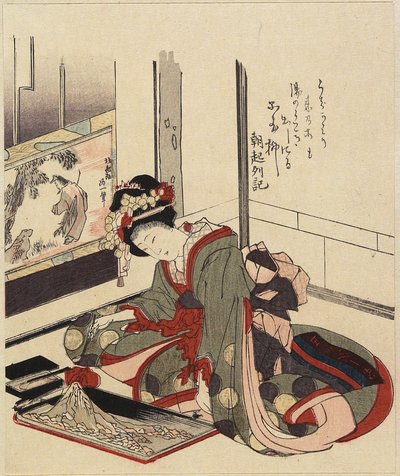 Vrouw die Bonkei Regelt, 1820-1834 door Katsushika Hokusai