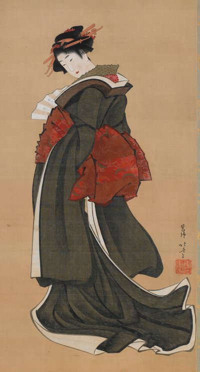 Vrouw met een waaier, Edo-periode, ca. 1810-1811 door Katsushika Hokusai