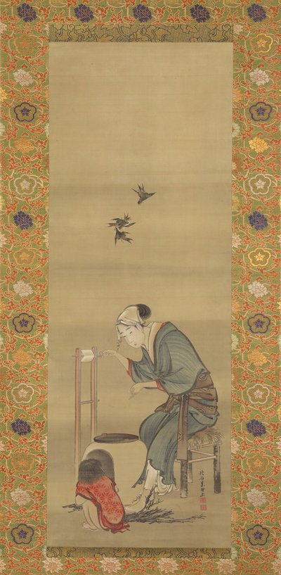 Vrouw die zijde spint, gedateerd 1790 door Katsushika Hokusai