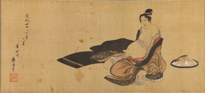 Vrouw aan het bevallen in een verfomfaaid pak Detail door Katsushika Hokusai