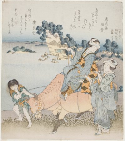 Vrouw die op een os rijdt door Katsushika Hokusai