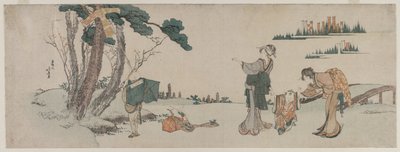 Vrouwen die een Kind Afleiden wiens Vlieger in een Boom Vastzit door Katsushika Hokusai