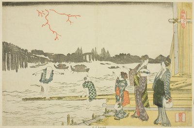Vrouwen en kinderen kijken naar het vuurwerk door Katsushika Hokusai