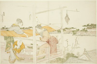 Vrouwen op een veranda die doek te drogen hangen door Katsushika Hokusai