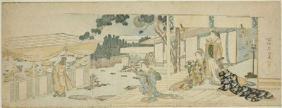 Vrouwen op de veranda kijken naar een meisje dat bloemen plukt door Katsushika Hokusai