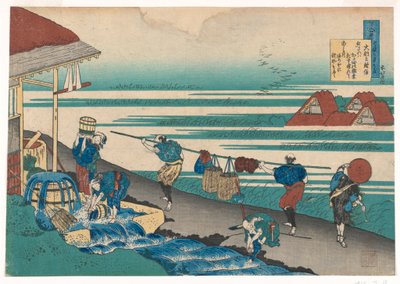 Arbeiders, aan zee, stof verven, uit Hyakunin, Honderd Gedichten Verklaard door de Verpleegster door Katsushika Hokusai