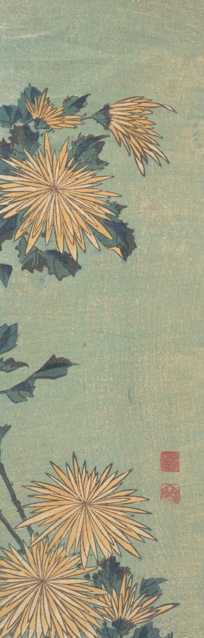 Gele Chrysanten op een blauwe achtergrond, ca. 1825 door Katsushika Hokusai