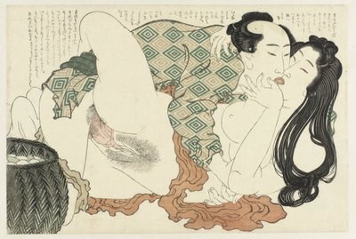 Zoenende visser en duikster, De Adonis plant, Fukujuso door Katsushika Hokusai