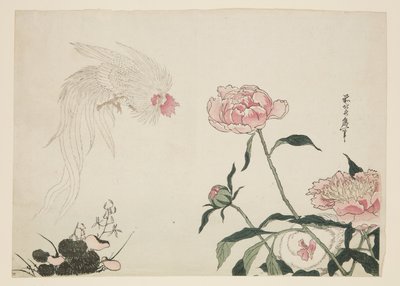 Langstaart hanen tussen bloemen door Katsushika II (fl.1820 50) Taito