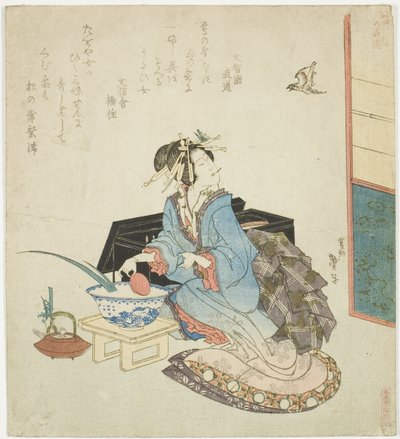Geisha kijkt omhoog naar een koekoek, uit de serie "Vijf Jaarlijkse Festivals voor de Katsushika Kring" door Katsushika Taito II