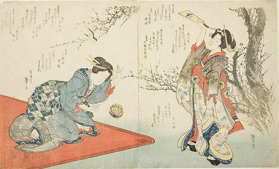 Twee vrouwen spelen shuttle door Katsushika Taito II