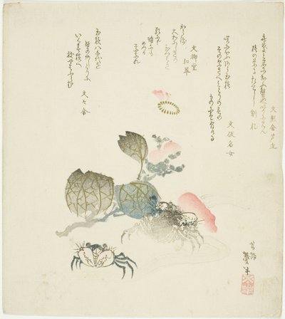 Twee Krabben bij een Tak van Camellia door Katsushika Taito II
