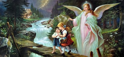 Een beschermengel beschermt twee kinderen die een rivier oversteken op een oude houten brug, begin 20e eeuw door Alec Hunter