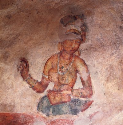 Apsaras, hemelse nimf die een offer brengt, fresco, versterkte citadel van Sigiriya (UNESCO Werelderfgoedlijst) door Alec Hunter