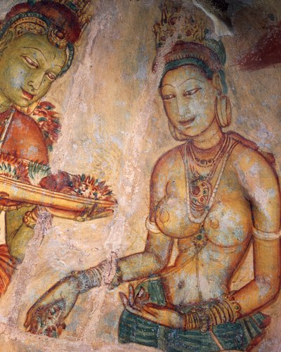 Apsaras, hemelse nimf die bloemen aanbiedt, fresco, versterkte citadel van Sigiriya (UNESCO Werelderfgoedlijst) door Alec Hunter