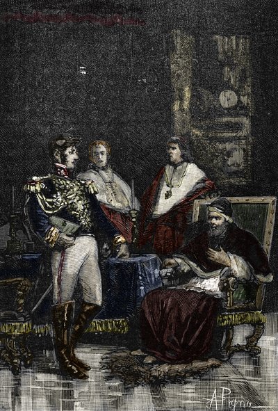 Generaal Cervoni riep paus Pius VI op om afstand te doen van zijn wereldlijke soevereiniteit in 1798. 1882 (Gravure) door Alec Hunter