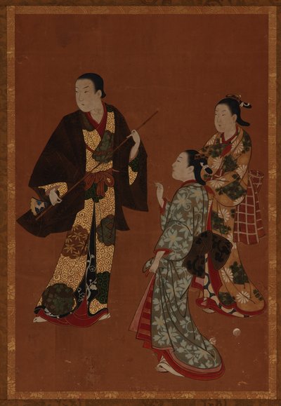 Een man, mogelijk een acteur, en twee meisjes, Edo periode, 18e eeuw door Kawamata Tsuneyuki