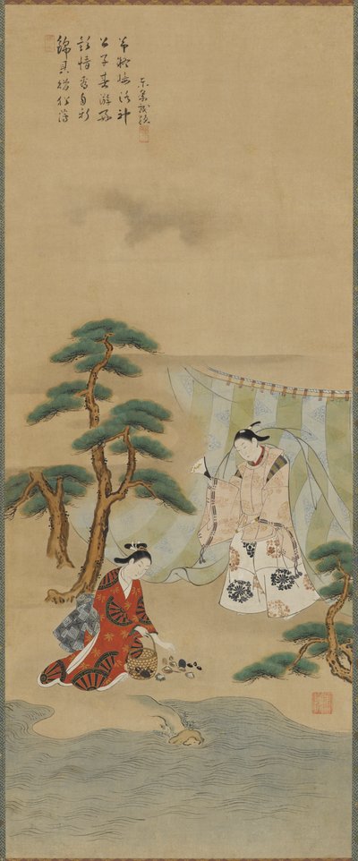 Jonge man en jonge vrouw aan de kust door Kawamata Tsuneyuki
