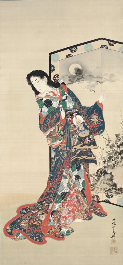 Schoonheid voor een scherm door Kawanabe Kyosai