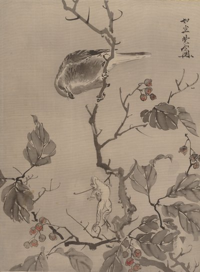Vogel en kikker, ca. 1887 door Kawanabe Kyosai
