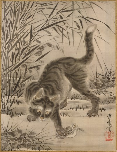 Kat vangt een kikker, ca. 1887 door Kawanabe Kyosai
