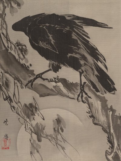 Kraai en de maan, ca. 1887 door Kawanabe Kyosai