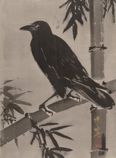 Kraai op een bamboetak, ca. 1887 door Kawanabe Kyosai