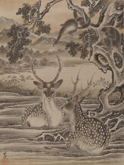Herten en Apen door Kawanabe Kyosai