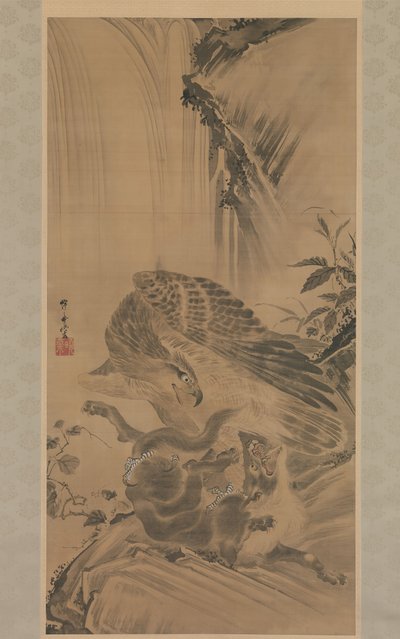 Adelaar die een Bergleeuw Aanvalt door Kawanabe Kyosai