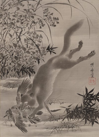 Vos vangt vogel, ca. 1887 door Kawanabe Kyosai