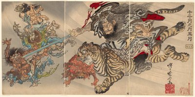 Mei: Shoki de demonenverdrijver rijdend op een tijger, onderwerpt goblins, uit de serie "Van de twaalf maanden: de vijfde (Junikagetsu no uchi: gogatsu)" door Kawanabe Kyosai