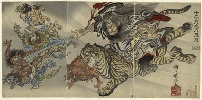 Mei: Shoki de demonenverdrijver rijdend op een tijger, onderwerping van goblins, uit de serie "Van de twaalf maanden: de vijfde" door Kawanabe Kyosai