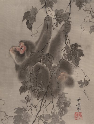 Aap hangt aan wijnstokken door Kawanabe Kyosai